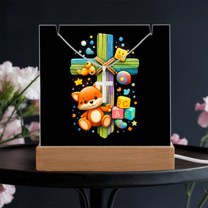 Kitten & ABC Blocks Rainbow Cross Acrylic Keepsake Plaque – Christian Gift for Kids