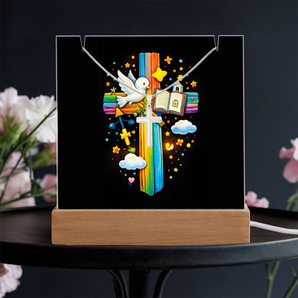 Dove & Open Bible Rainbow Cross Acrylic Keepsake Plaque – Christian Gift for Kids