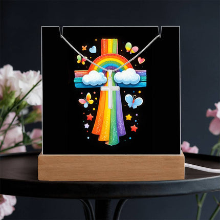 Rainbow & Clouds Cross Acrylic Keepsake Plaque – Christian Gift for Kids