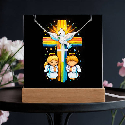 Dove & Praying Angels Rainbow Cross Acrylic Keepsake Plaque – Christian Gift for Kids