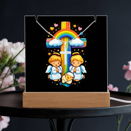 Angels & Lamb Rainbow Cross Acrylic Keepsake Plaque – Christian Gift for Kids