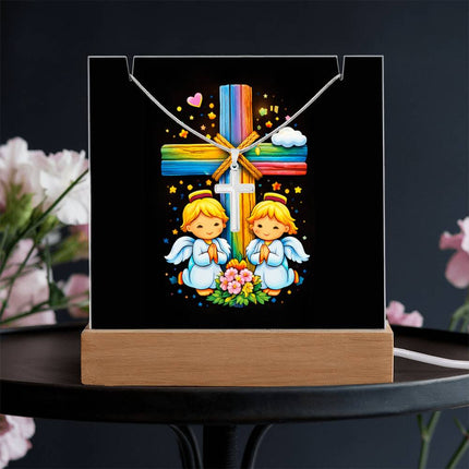 Praying Angels Rainbow Cross Acrylic Keepsake Plaque – Christian Gift for Kids