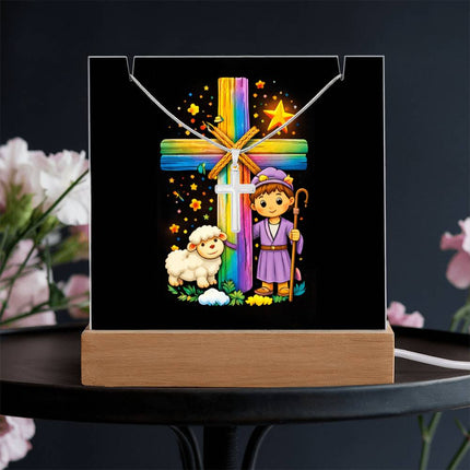 Shepherd Boy & Lamb Rainbow Cross Acrylic Keepsake Plaque – Christian Gift for Kids