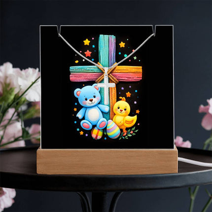 Rainbow Cross Teddy Bear & Chick Acrylic Keepsake Plaque – Christian Gift for Kids