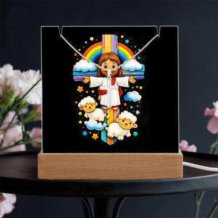 Jesus & Little Lambs Rainbow Acrylic Keepsake Plaque – Christian Gift for Kids