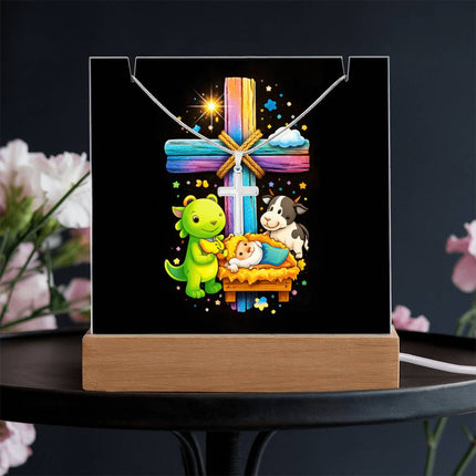 Baby Jesus Nativity & Dino Rainbow Cross Acrylic Keepsake Plaque – Christian Gift for Kids