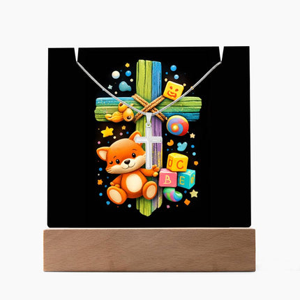 Kitten & ABC Blocks Rainbow Cross Acrylic Keepsake Plaque – Christian Gift for Kids