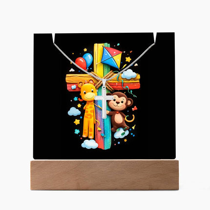 Giraffe & Monkey Rainbow Cross Acrylic Keepsake Plaque – Christian Gift for Kids