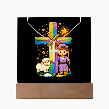 Shepherd Boy & Lamb Rainbow Cross Acrylic Keepsake Plaque – Christian Gift for Kids