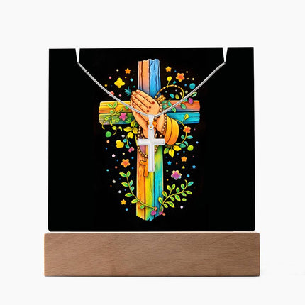 Praying Hands & Rosary Rainbow Cross Acrylic Keepsake Plaque – Christian Gift for Kids