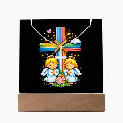 Praying Angels Rainbow Cross Acrylic Keepsake Plaque – Christian Gift for Kids