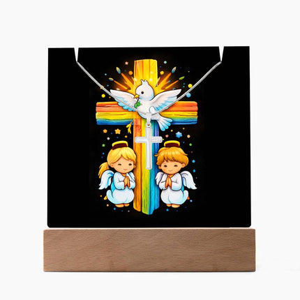 Dove & Praying Angels Rainbow Cross Acrylic Keepsake Plaque – Christian Gift for Kids
