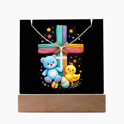 Rainbow Cross Teddy Bear & Chick Acrylic Keepsake Plaque – Christian Gift for Kids