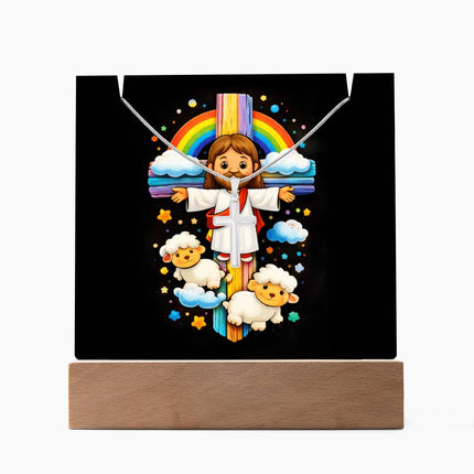 Jesus & Little Lambs Rainbow Acrylic Keepsake Plaque – Christian Gift for Kids