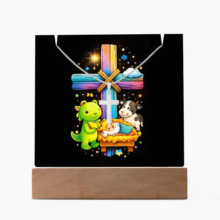 Baby Jesus Nativity & Dino Rainbow Cross Acrylic Keepsake Plaque – Christian Gift for Kids