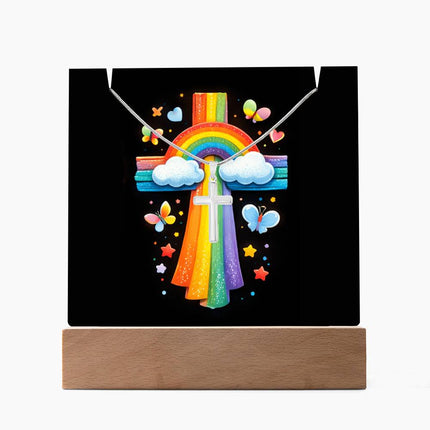 Rainbow & Clouds Cross Acrylic Keepsake Plaque – Christian Gift for Kids