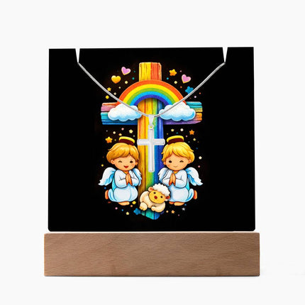 Angels & Lamb Rainbow Cross Acrylic Keepsake Plaque – Christian Gift for Kids