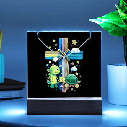 Cuddly Turtles Rainbow Cross Acrylic Keepsake Plaque – Christian Gift for Kids