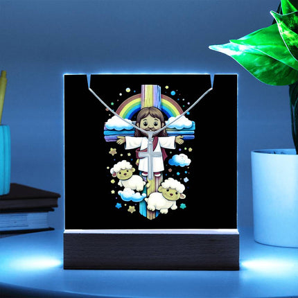 Jesus & Little Lambs Rainbow Acrylic Keepsake Plaque – Christian Gift for Kids