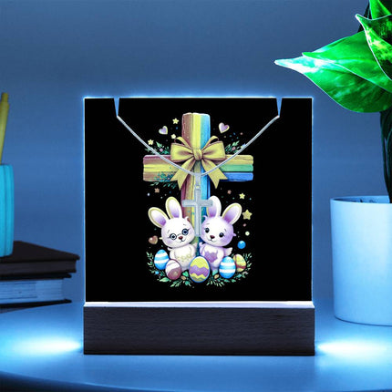 Easter Bunnies & Eggs Rainbow Cross Acrylic Keepsake Plaque – Christian Gift for Kids
