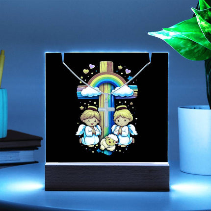 Angels & Lamb Rainbow Cross Acrylic Keepsake Plaque – Christian Gift for Kids