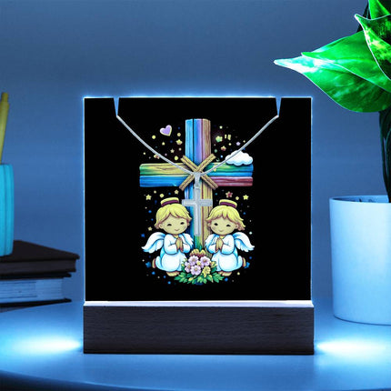 Praying Angels Rainbow Cross Acrylic Keepsake Plaque – Christian Gift for Kids