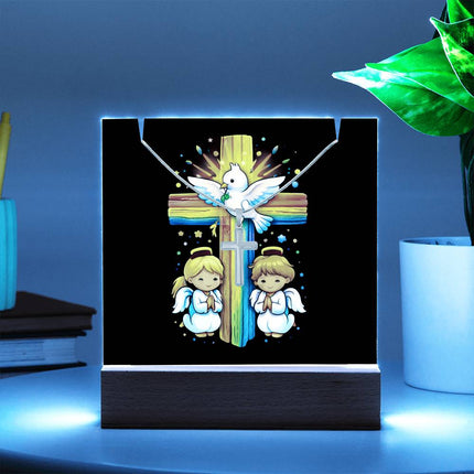 Dove & Praying Angels Rainbow Cross Acrylic Keepsake Plaque – Christian Gift for Kids