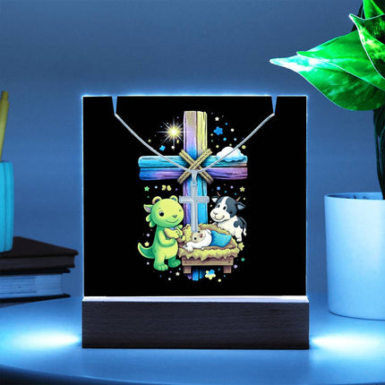Baby Jesus Nativity & Dino Rainbow Cross Acrylic Keepsake Plaque – Christian Gift for Kids
