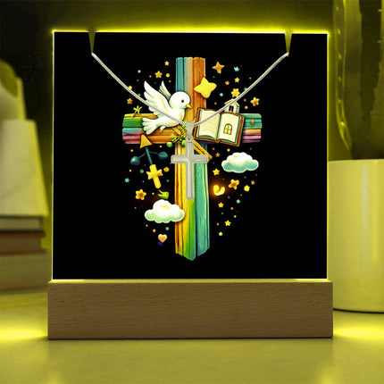 Dove & Open Bible Rainbow Cross Acrylic Keepsake Plaque – Christian Gift for Kids