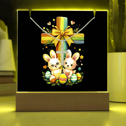 Easter Bunnies & Eggs Rainbow Cross Acrylic Keepsake Plaque – Christian Gift for Kids