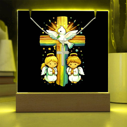 Dove & Praying Angels Rainbow Cross Acrylic Keepsake Plaque – Christian Gift for Kids