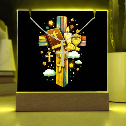 First Communion Bible & Chalice Rainbow Cross Acrylic Keepsake Plaque – Christian Gift for Kids
