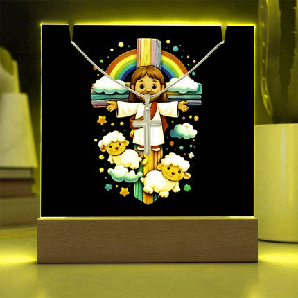 Jesus & Little Lambs Rainbow Acrylic Keepsake Plaque – Christian Gift for Kids