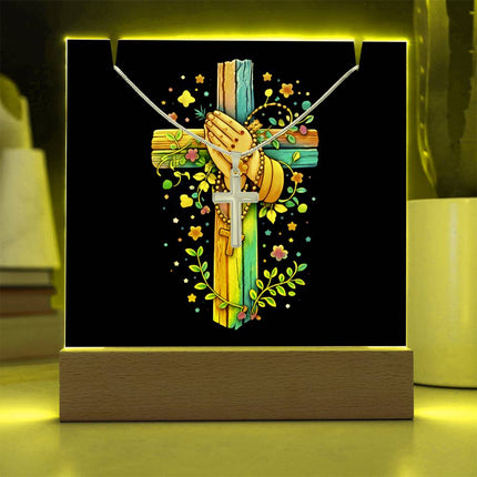 Praying Hands & Rosary Rainbow Cross Acrylic Keepsake Plaque – Christian Gift for Kids