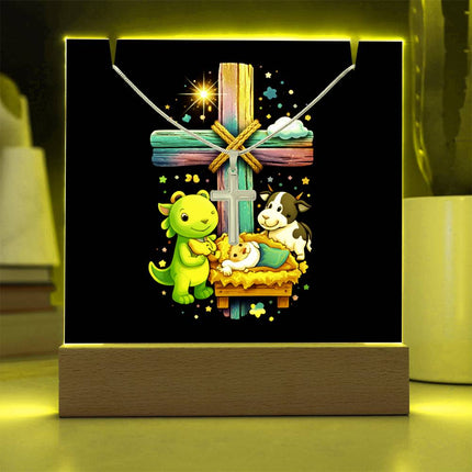 Baby Jesus Nativity & Dino Rainbow Cross Acrylic Keepsake Plaque – Christian Gift for Kids