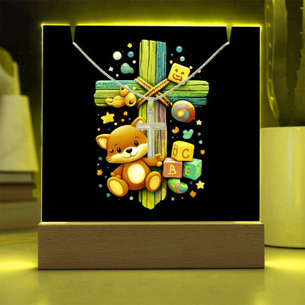 Kitten & ABC Blocks Rainbow Cross Acrylic Keepsake Plaque – Christian Gift for Kids