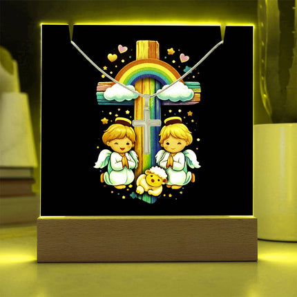 Angels & Lamb Rainbow Cross Acrylic Keepsake Plaque – Christian Gift for Kids
