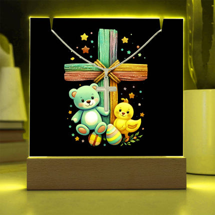 Rainbow Cross Teddy Bear & Chick Acrylic Keepsake Plaque – Christian Gift for Kids