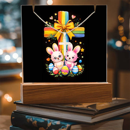 Easter Bunnies & Eggs Rainbow Cross Acrylic Keepsake Plaque – Christian Gift for Kids