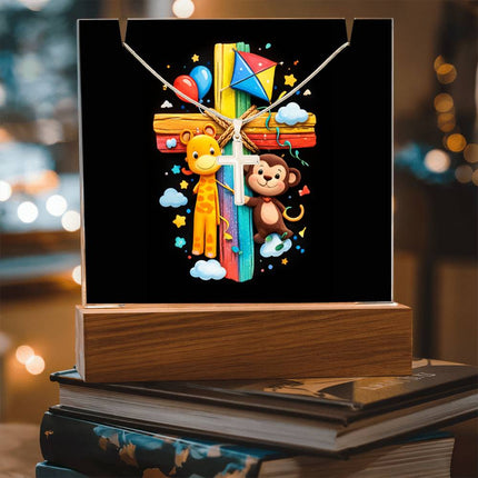 Giraffe & Monkey Rainbow Cross Acrylic Keepsake Plaque – Christian Gift for Kids
