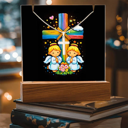 Praying Angels Rainbow Cross Acrylic Keepsake Plaque – Christian Gift for Kids