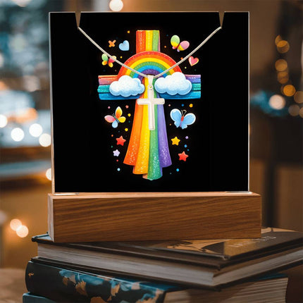 Rainbow & Clouds Cross Acrylic Keepsake Plaque – Christian Gift for Kids