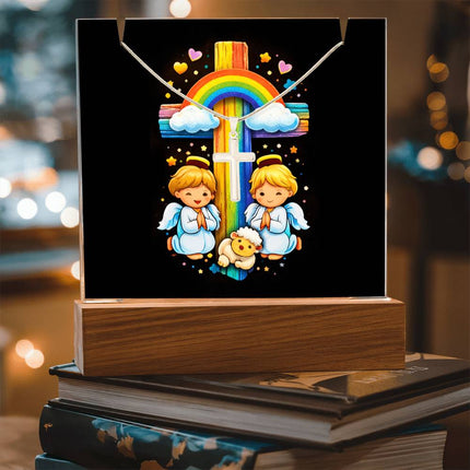 Angels & Lamb Rainbow Cross Acrylic Keepsake Plaque – Christian Gift for Kids