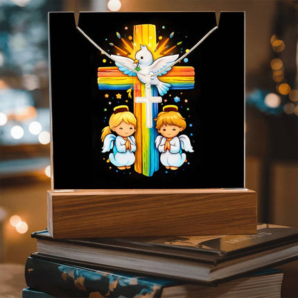 Dove & Praying Angels Rainbow Cross Acrylic Keepsake Plaque – Christian Gift for Kids