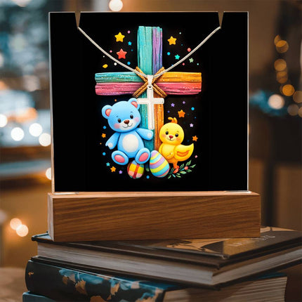 Rainbow Cross Teddy Bear & Chick Acrylic Keepsake Plaque – Christian Gift for Kids