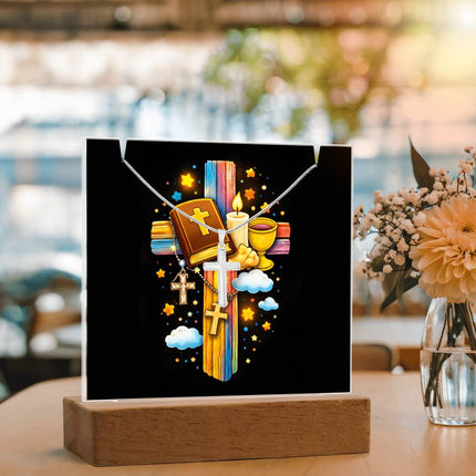 First Communion Bible & Chalice Rainbow Cross Acrylic Keepsake Plaque – Christian Gift for Kids