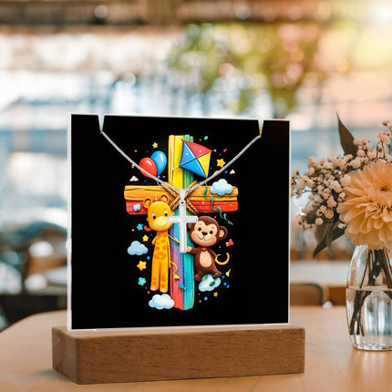 Giraffe & Monkey Rainbow Cross Acrylic Keepsake Plaque – Christian Gift for Kids