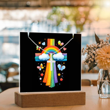 Rainbow & Clouds Cross Acrylic Keepsake Plaque – Christian Gift for Kids