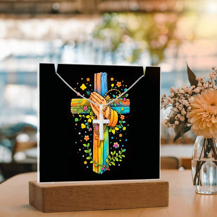 Praying Hands & Rosary Rainbow Cross Acrylic Keepsake Plaque – Christian Gift for Kids
