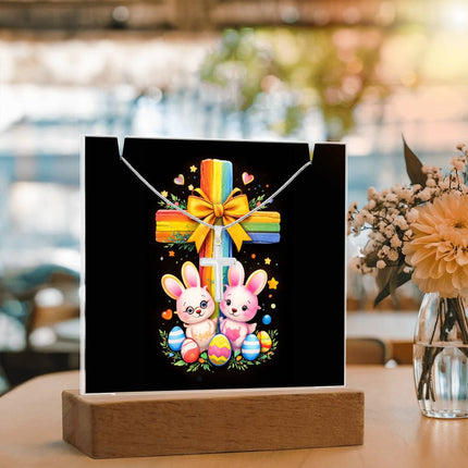 Easter Bunnies & Eggs Rainbow Cross Acrylic Keepsake Plaque – Christian Gift for Kids